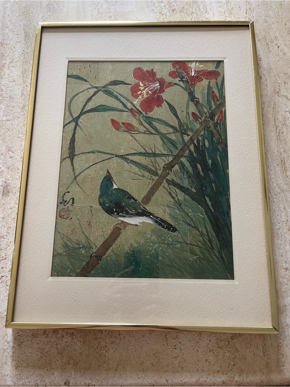 Framed Bird and Floral Home Art Painting in Green and Red